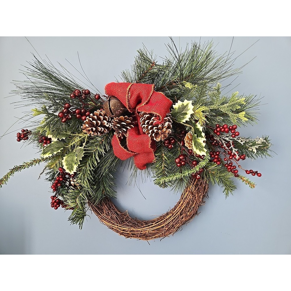 20" Mixed Greenery with Pinecones Berries Bow Vine Artificial Christmas Wreath